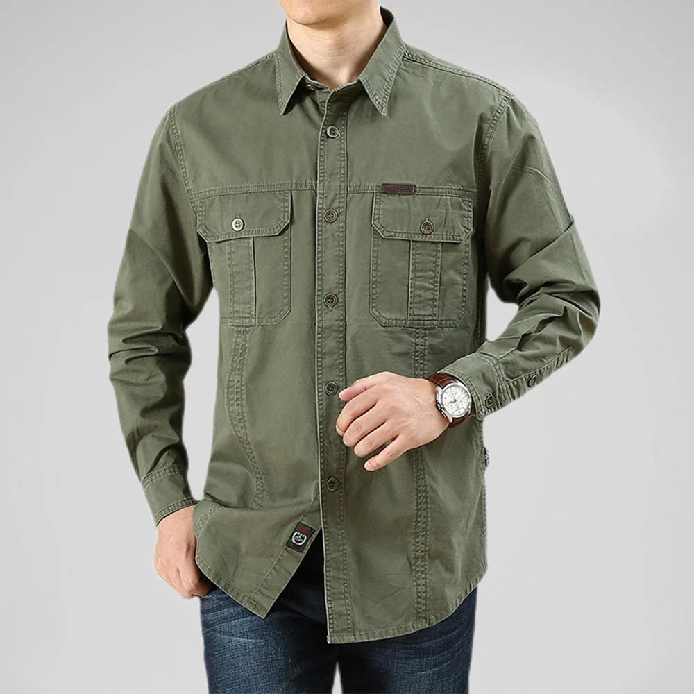 Men's army-green cotton vanderbilt front view — versatile — Vanderbilt Outdoor Shirt — Oscar Blackwood