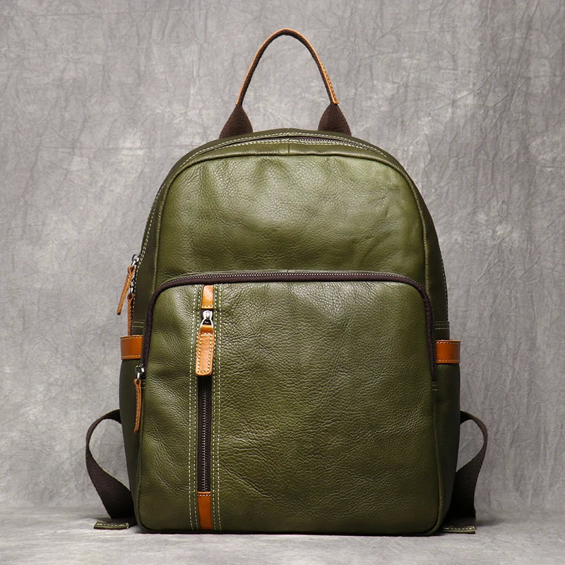 Unisex army-green leather backpack detail view — versatile — Azzurro Genuine Leather Backpack — Oscar Blackwood