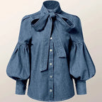 Women's light-blue denim tops front view — versatile — Archi Denim Blouse — Oscar Blackwood