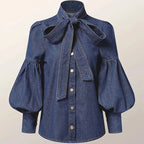 Women's blue denim tops alternate angle — versatile — Archi Denim Blouse — Oscar Blackwood