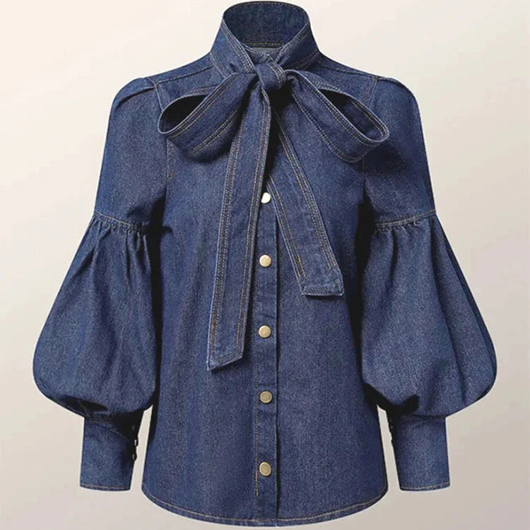 Women's blue denim tops alternate angle — versatile — Archi Denim Blouse — Oscar Blackwood