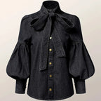 Women's black denim tops detail view — versatile — Archi Denim Blouse — Oscar Blackwood