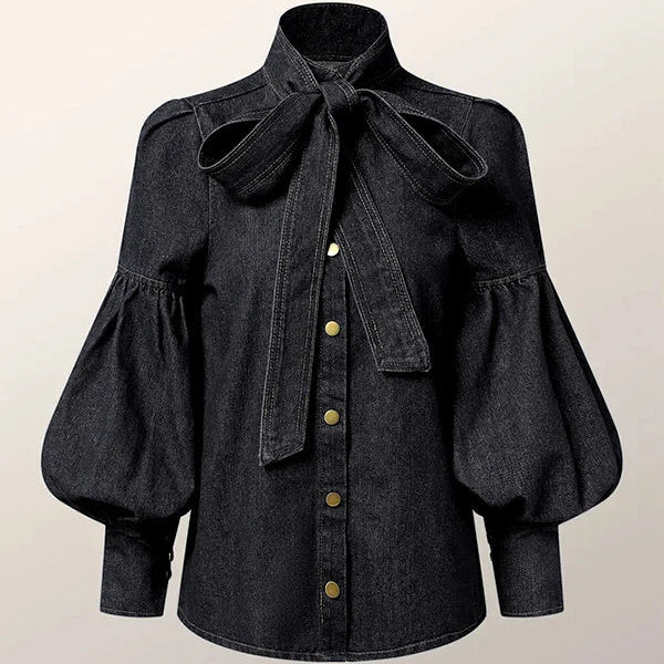 Women's black denim tops detail view — versatile — Archi Denim Blouse — Oscar Blackwood