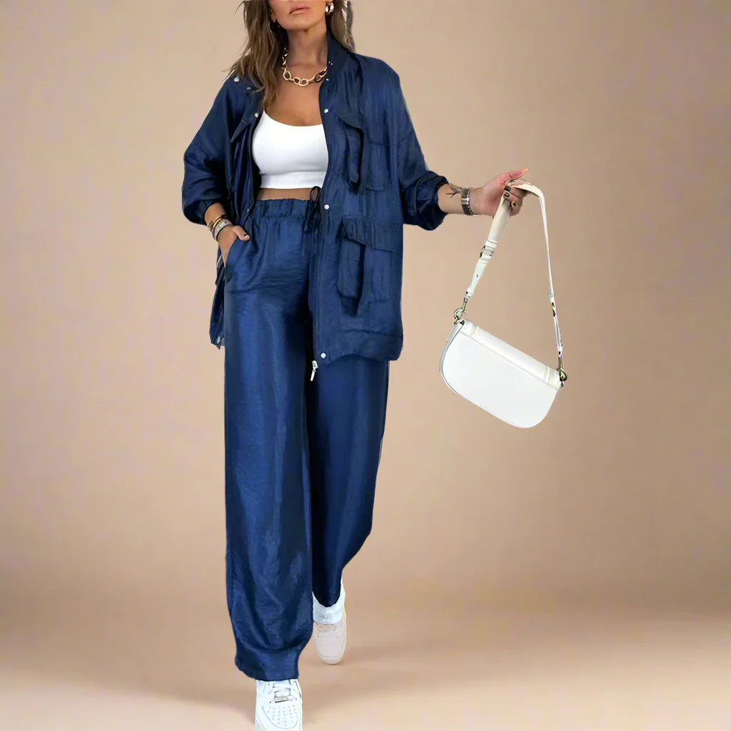 Women's blue pants close-up — versatile — Lucie Loose Autumn Set — Oscar Blackwood