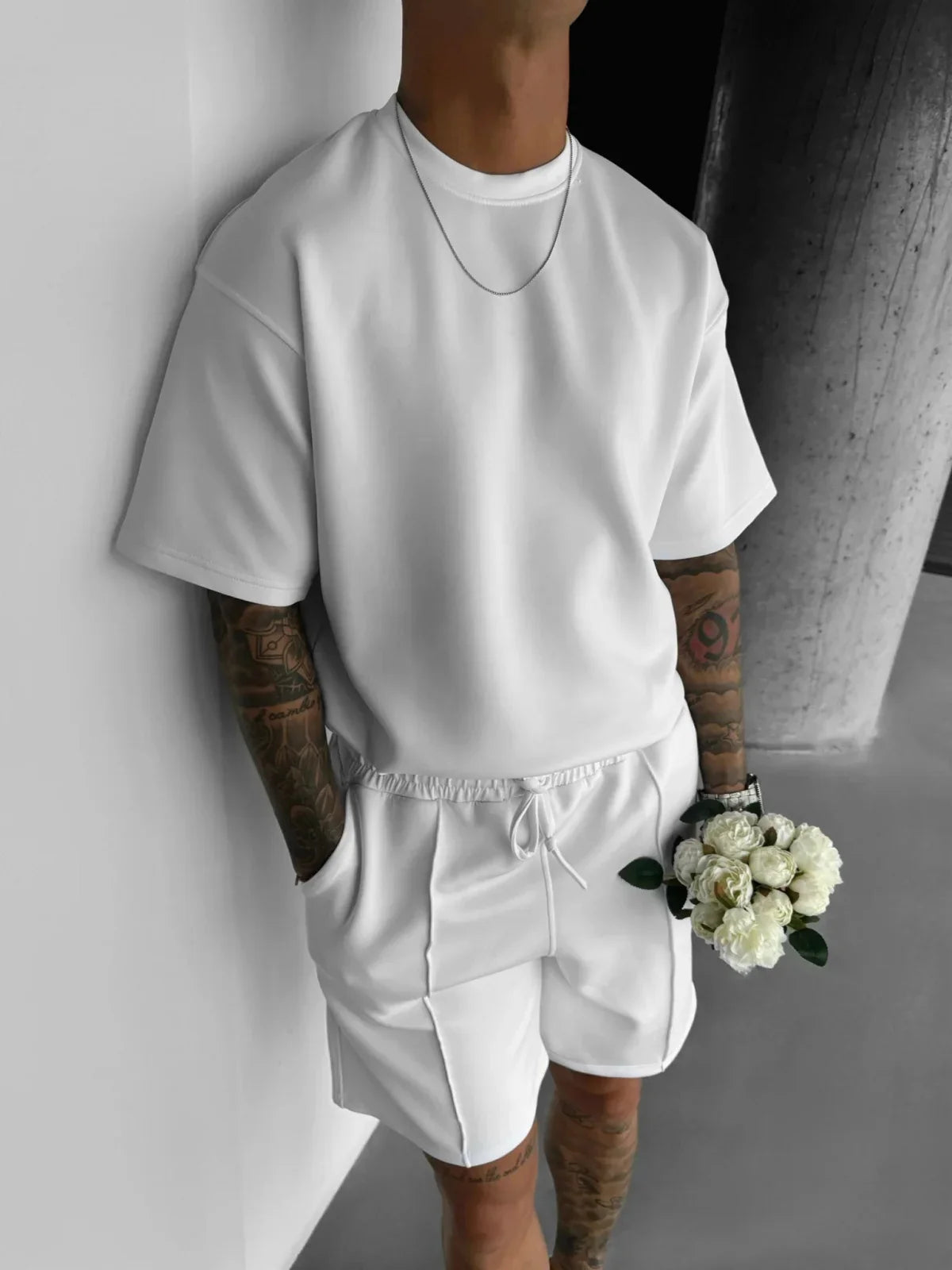 Men's white polyester sets close-up — versatile — Abakhan Summer 2 Piece Set — Oscar Blackwood
