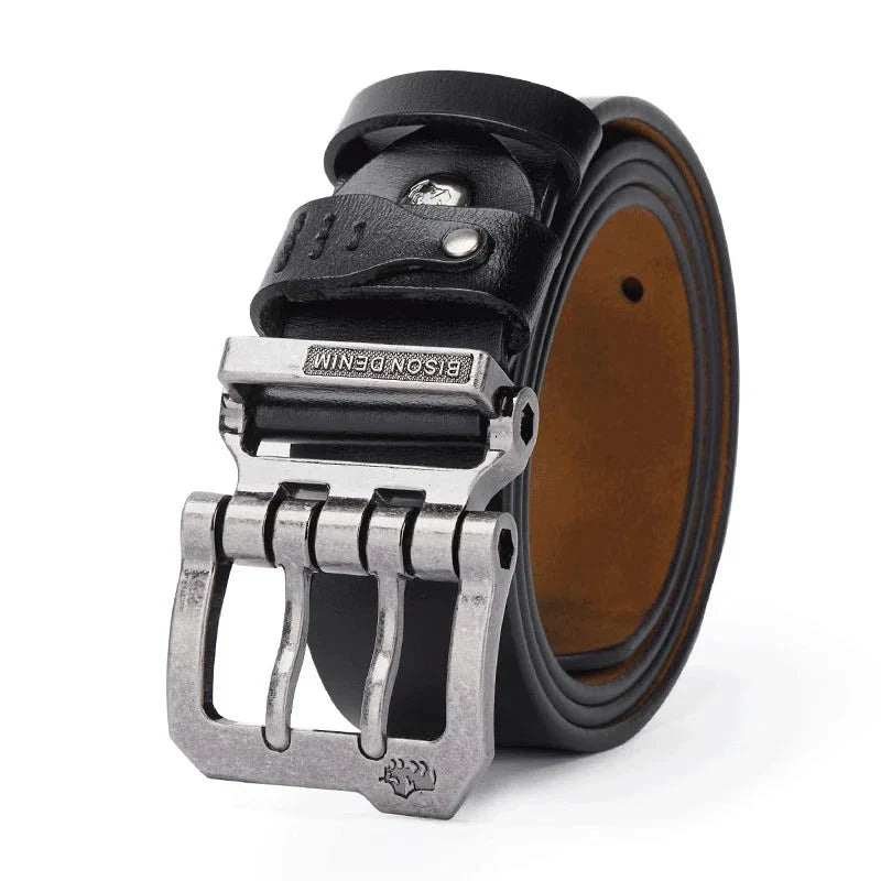Men's brown leather belt front view — versatile — Double Bison Belt — Oscar Blackwood