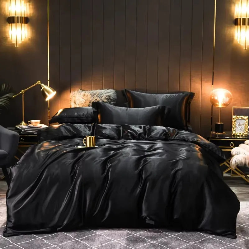 Unisex black silk bedding close-up — versatile — Bloom Silk Bedding Set — Oscar Blackwood