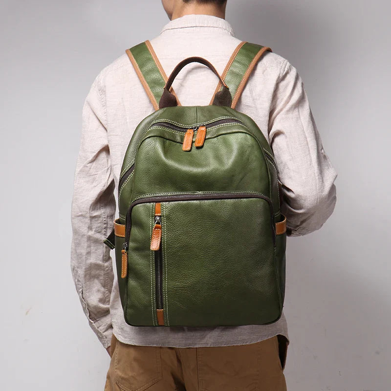 Unisex black leather backpack front view — versatile — Azzurro Genuine Leather Backpack — Oscar Blackwood