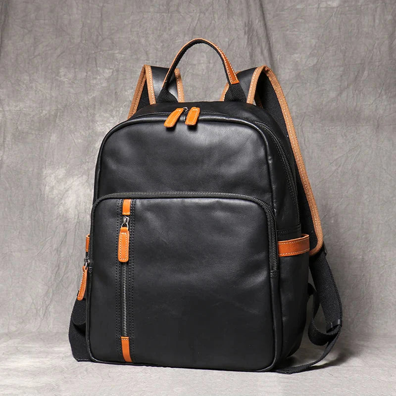 Unisex black leather backpack side view — versatile — Azzurro Genuine Leather Backpack — Oscar Blackwood