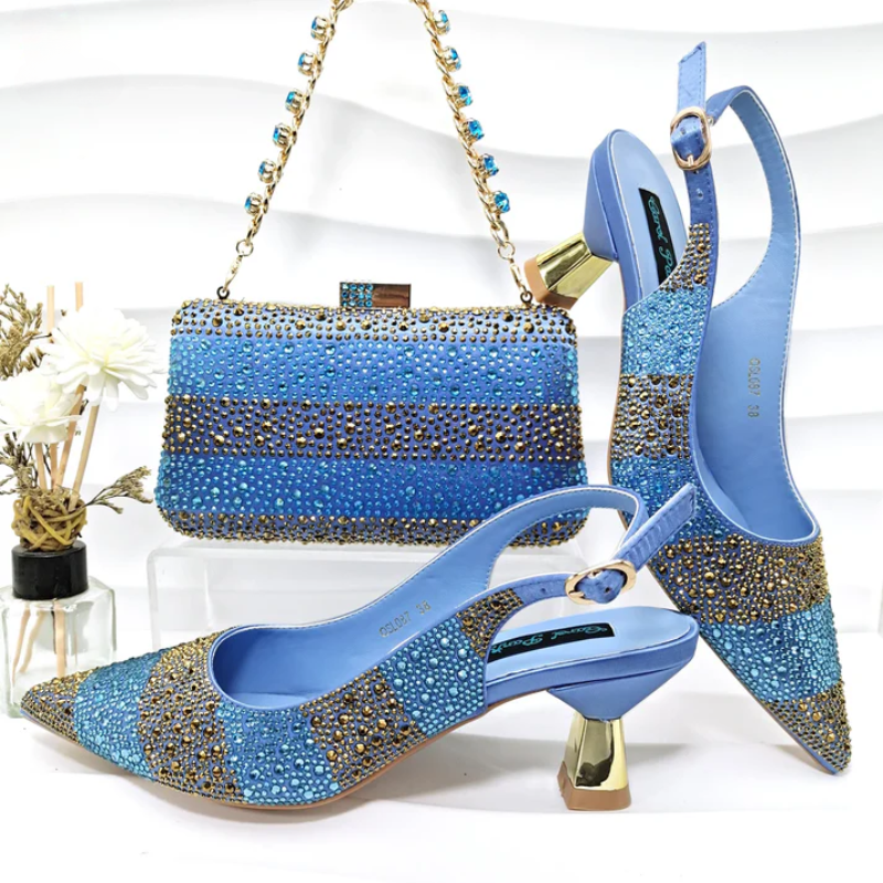 Women's blue heels detail view — elegant — Vittoria Heels & Bag — Oscar Blackwood