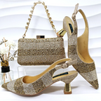 Women's gold heels styled look — elegant — Vittoria Heels & Bag — Oscar Blackwood