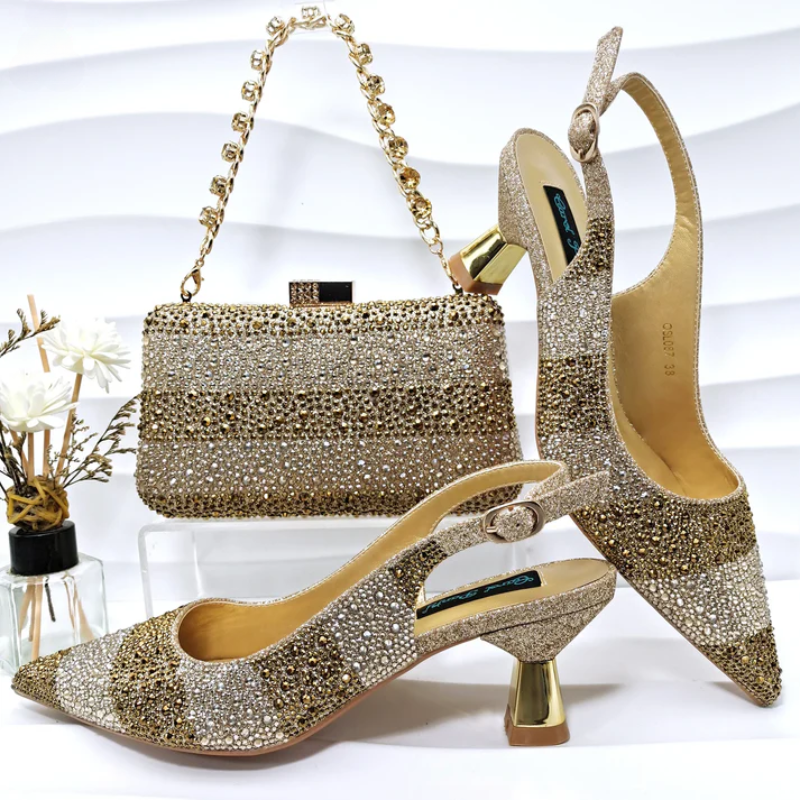 Women's gold heels styled look — elegant — Vittoria Heels & Bag — Oscar Blackwood