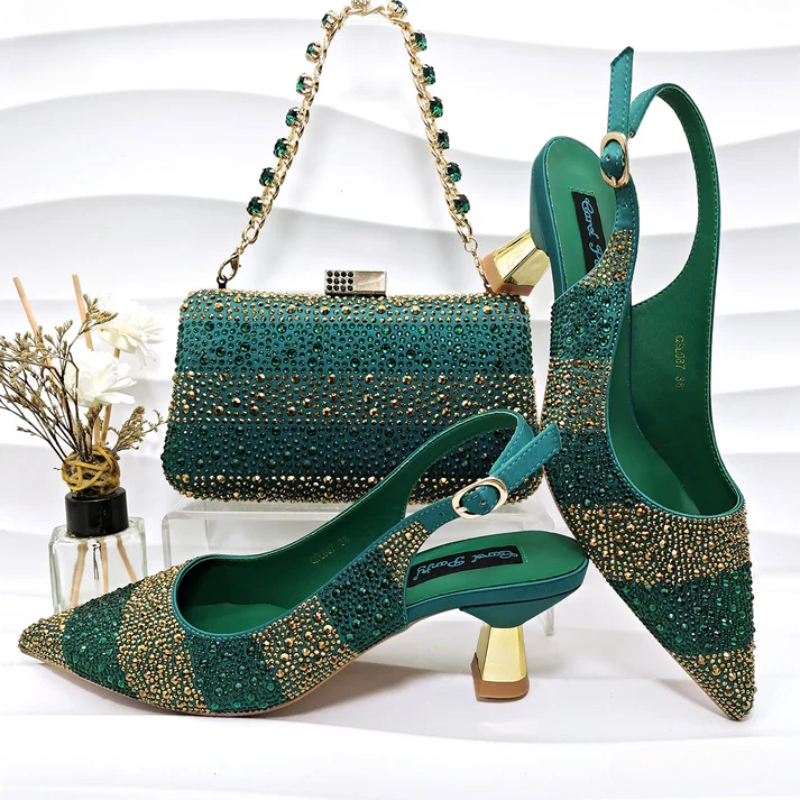 Women's green heels styled look — elegant — Vittoria Heels & Bag — Oscar Blackwood