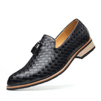 Men's black woven loafers styled look — versatile — Ludo Weave Leather Loafers — Oscar Blackwood