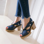 Women's suede heels side view — elegant — Anna Denim Block Heels — Oscar Blackwood
