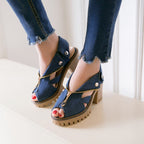 Women's suede heels back view — elegant — Anna Denim Block Heels — Oscar Blackwood