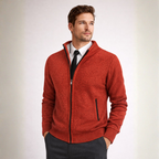 Men's red knit cardigan side view — cozy — Steward Zipper Cardigan — Oscar Blackwood