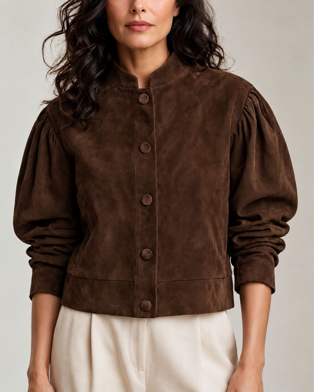 Women's brown suede jacket front view — outerwear — Vivian Suede Bomber — Oscar Blackwood