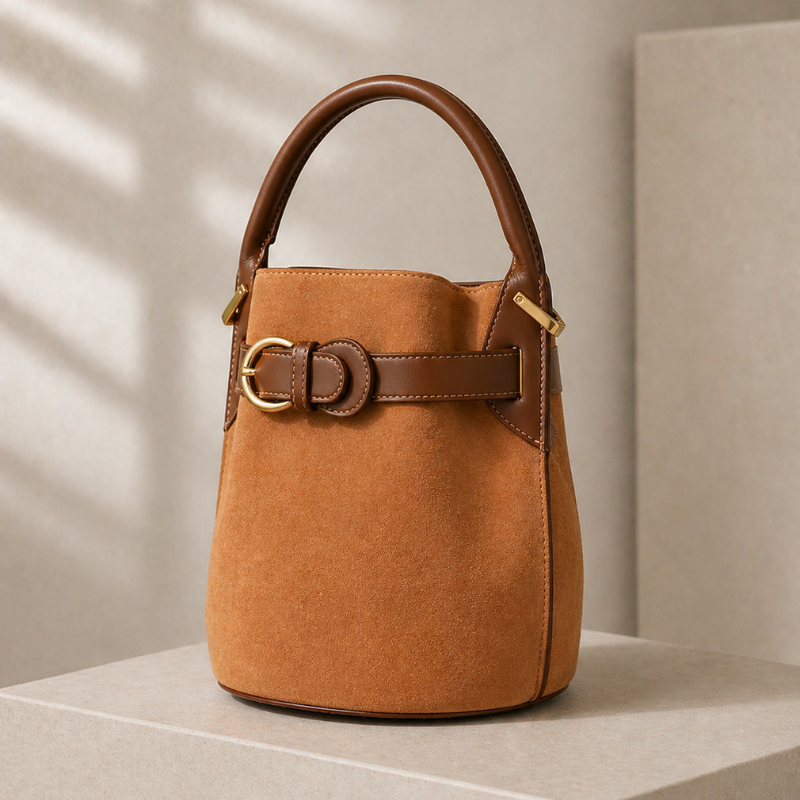 Women's suede bag front view — everyday — Celeste Bucket Bag for every occasion — Oscar Blackwood