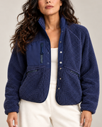 Women's navy textured jacket front view — outerwear — Embla Fleece Jacket — Oscar Blackwood