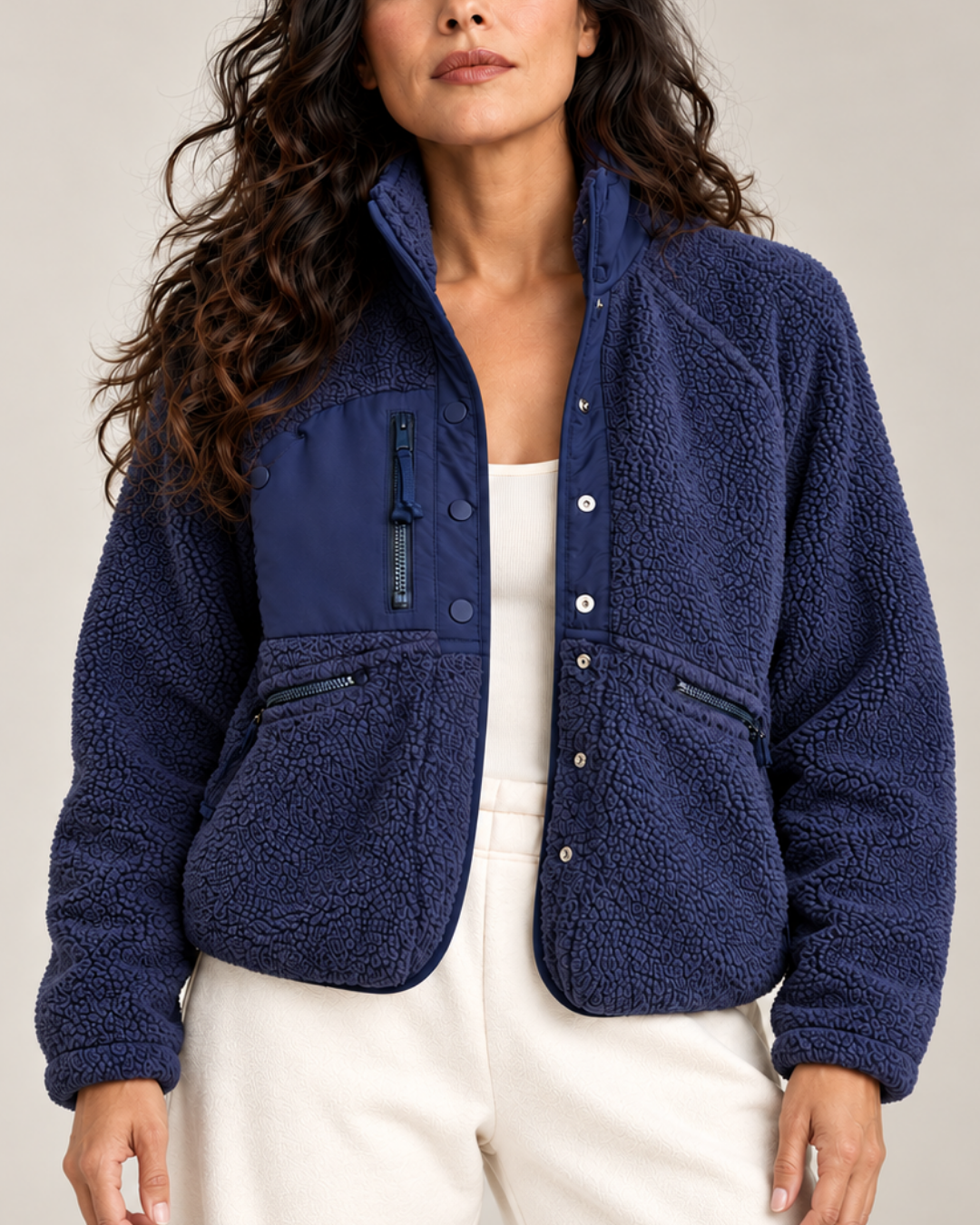 Women's navy textured jacket front view — outerwear — Embla Fleece Jacket — Oscar Blackwood